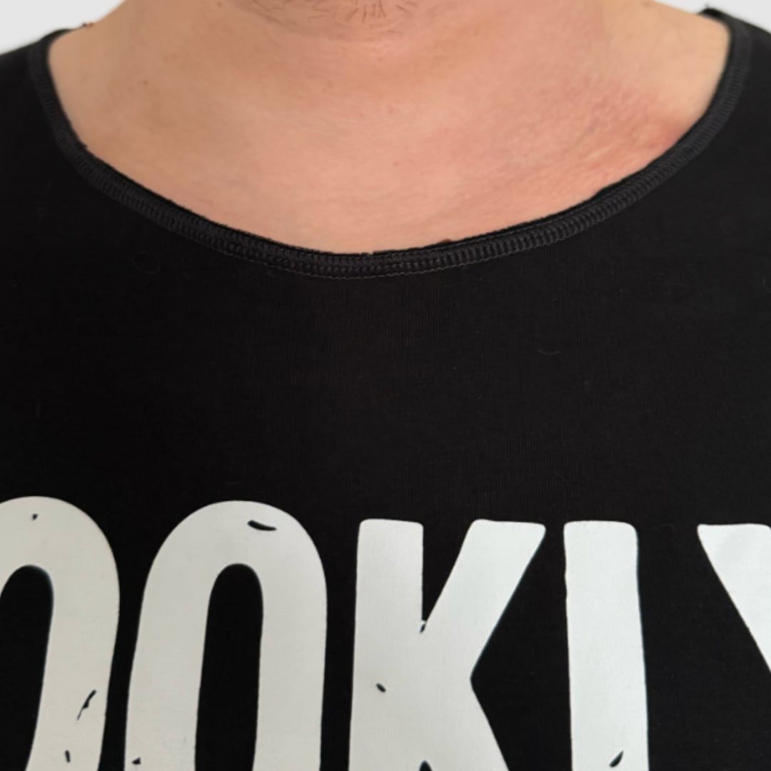 Collarless neckline detail of Super Weightlifting 190 Heritage Tee made in Romania