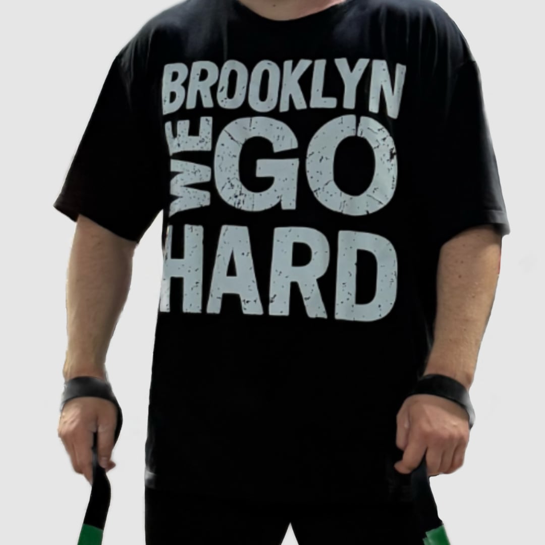 Super Weightlifting 190 Heritage Tee – black oversized t-shirt with “Brooklyn We Go Hard” front print