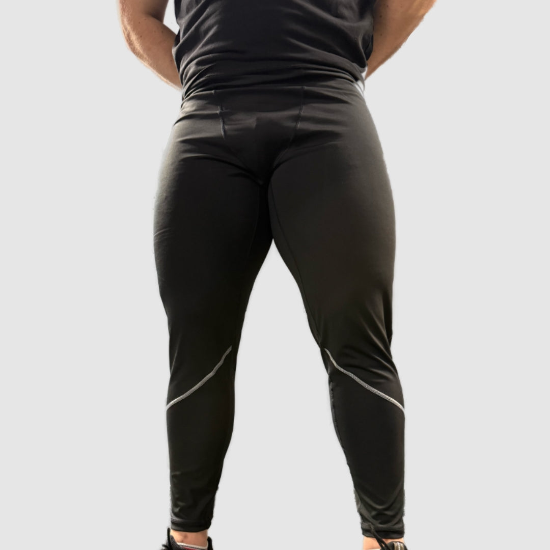 Front view of Super Weightlifting Second Pull Tights — black compression leggings designed for perfect bar contact and performance.
