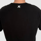 Back view of Super Weightlifting 190 Heritage Tee showing SW logo on black cotton fabric